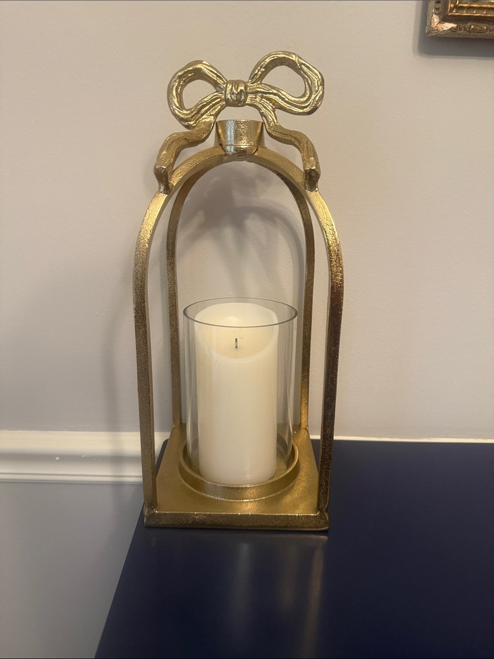 LoveShackFancy Gold Bow Lantern with Glass Hurricane